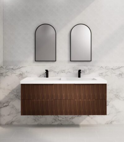 ABS RIVA WH1500D-BR BALI FLUTED WALL HUNG VANITY 1500MM DOUBLE BOWL BROWN OAK - Urban Designs Bathroom and Kitchen