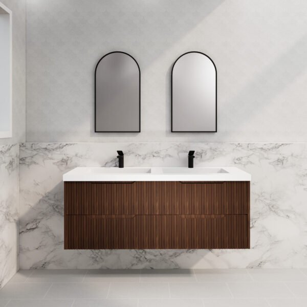 ABS RIVA WH1500D-BR BALI FLUTED WALL HUNG VANITY 1500MM DOUBLE BOWL BROWN OAK - Urban Designs Bathroom and Kitchen