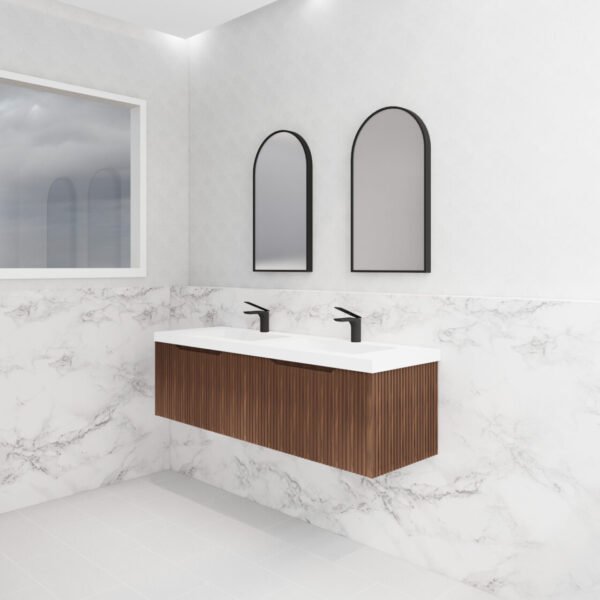 ABS RIVA WH1500D-BR VIENNA FLUTED WALL HUNG VANITY 1500MM DOUBLE BOWL BROWN OAK - Urban Designs Bathroom and Kitchen