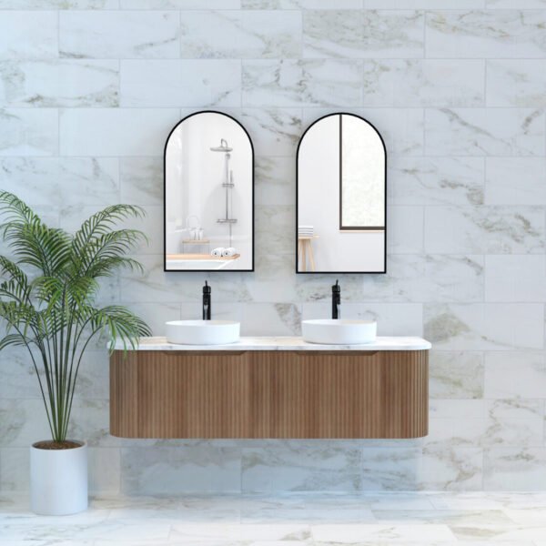 ABS RIVA WH1500D-ST BERGEN CURVE FLUTED WALL HUNG VANITY 1500MM DOUBLE BOWL SOLID TIMBER FINISH - Urban Designs Bathroom and Kitchen