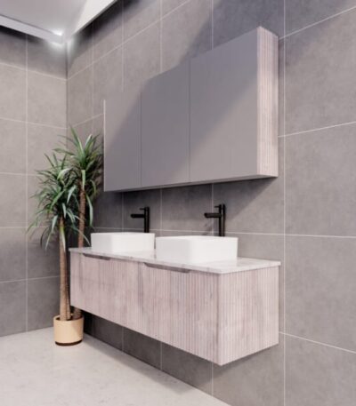 ABS RIVA WH1500D-WO VIENNA FLUTED WALL HUNG VANITY 1500MM DOUBLE BOWL WHITE OAK - Urban Designs Bathroom and Kitchen