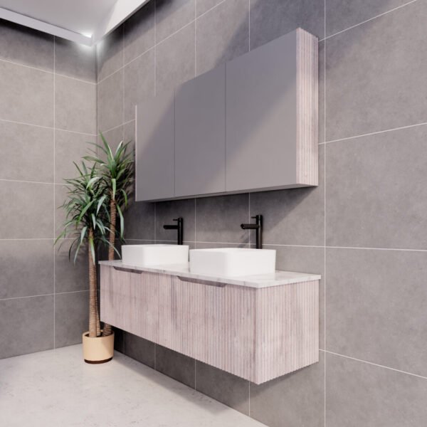 ABS RIVA WH1500D-WO VIENNA FLUTED WALL HUNG VANITY 1500MM DOUBLE BOWL WHITE OAK - Urban Designs Bathroom and Kitchen