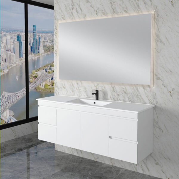 ABS RIVA WH1500M-GW LESS WALL HUNG VANITY 1500MM SINGLE/DOUBLE BOWL GLOSS WHITE - Urban Designs Bathroom and Kitchen