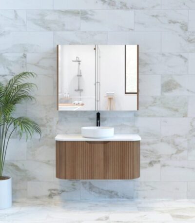 ABS RIVA WH900-ST BERGEN CURVE FLUTED WALL HUNG VANITY 900MM SOLID TIMBER FINISH - Urban Designs Bathroom and Kitchen