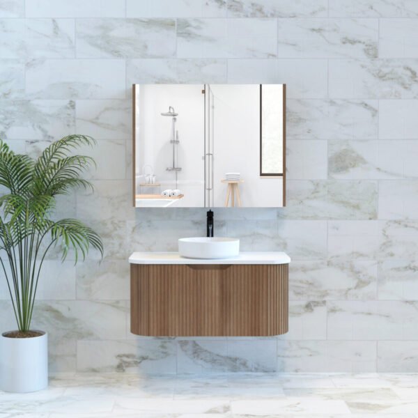 ABS RIVA WH900-ST BERGEN CURVE FLUTED WALL HUNG VANITY 900MM SOLID TIMBER FINISH - Urban Designs Bathroom and Kitchen