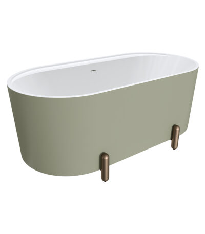 Aluca Freestanding Bath, 1500mm Matte Olive with Brushed Copper Legs with overflow