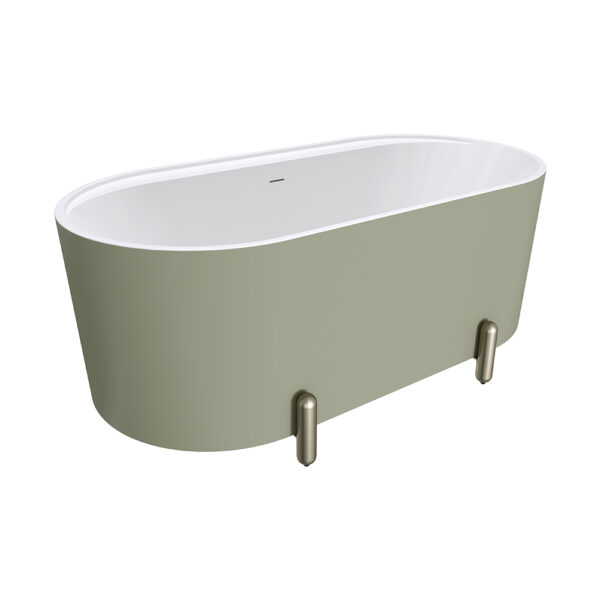 Aluca Freestanding Bath, 1500mm Matte Olive with Brushed Nickel Legs with overflow