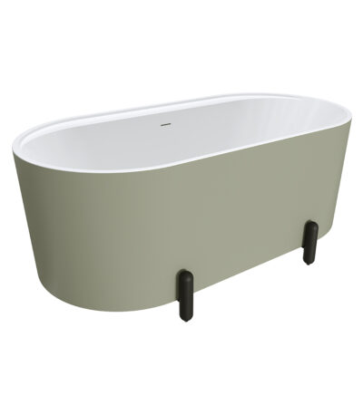 Aluca Freestanding Bath, 1500mm Matte Olive with Matte Black Legs with overflow