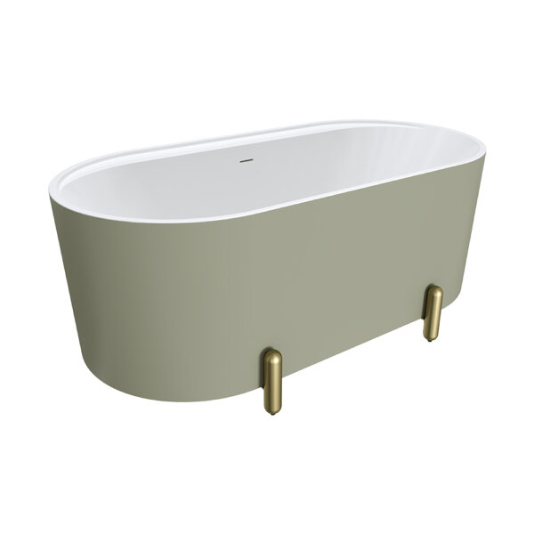 Aluca Freestanding Bath, 1500mm Matte Olive with Urban Brass Legs with overflow