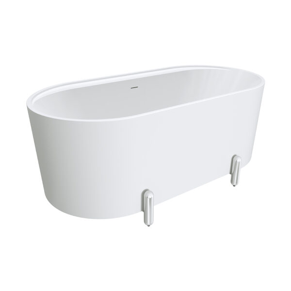 Aluca Freestanding Bath, 1500mm Matte White with Chrome Legs with overflow