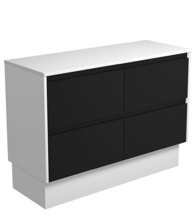 Amato Satin Black 1200 Cabinet on Kickboard, Satin White Panels