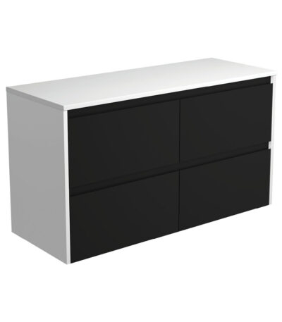 Amato Satin Black 1200 Wall-Hung Cabinet, Satin White Panels