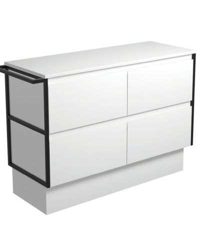 Amato Satin White 1200 Cabinet on Kickboard, 1 Frame & 1 Towel Rail