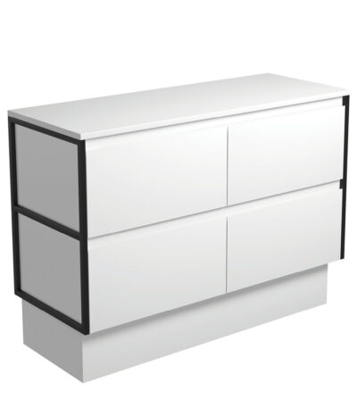 Amato Satin White 1200 Cabinet on Kickboard, Matte Black Frames