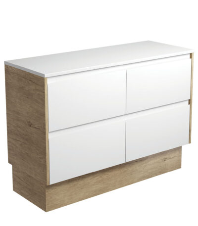 Amato Satin White 1200 Cabinet on Kickboard, Scandi Oak Panels