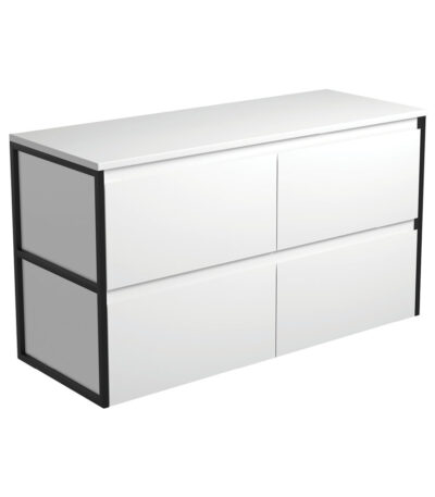 Amato Satin White 1200 Wall-Hung Cabinet, Matte Black Frames