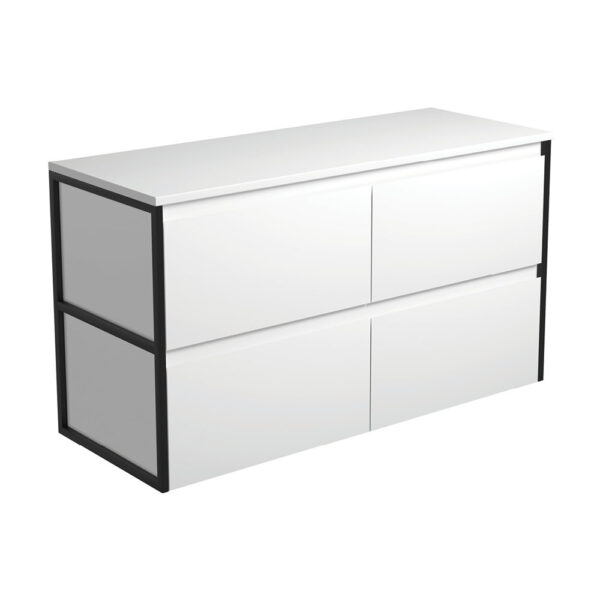 Amato Satin White 1200 Wall-Hung Cabinet, Matte Black Frames