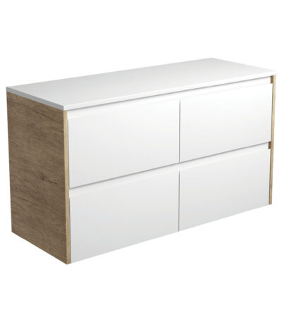 Amato Satin White 1200 Wall-Hung Cabinet, Scandi Oak Panels