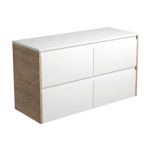 Amato Satin White 1200 Wall-Hung Cabinet, Scandi Oak Panels