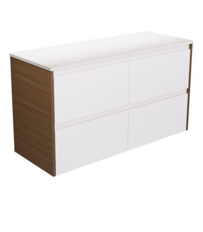 Amato Satin White 1200 Wall Hung Cabinet, Walnut Panels