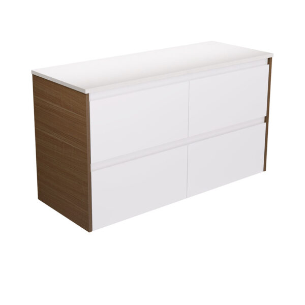Amato Satin White 1200 Wall Hung Cabinet, Walnut Panels