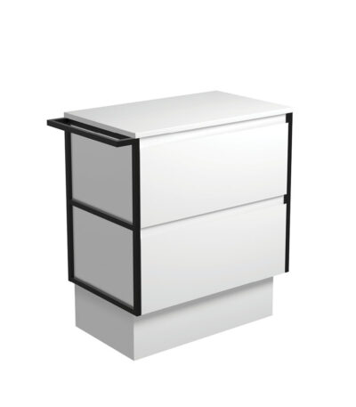 Amato Satin White 750 Cabinet on Kickboard, 1 Frame & 1 Towel Rail