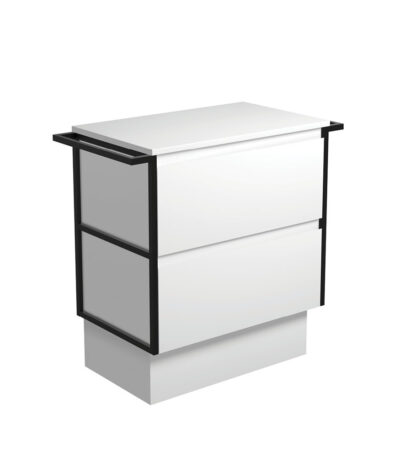 Amato Satin White 750 Cabinet on Kickboard, Matte Black Towel Rails