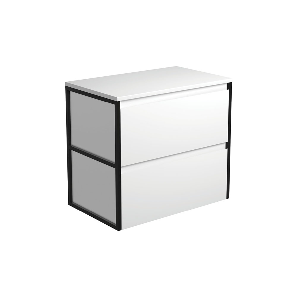 Amato Satin White 750 Wall-Hung Cabinet, Matte Black Frames