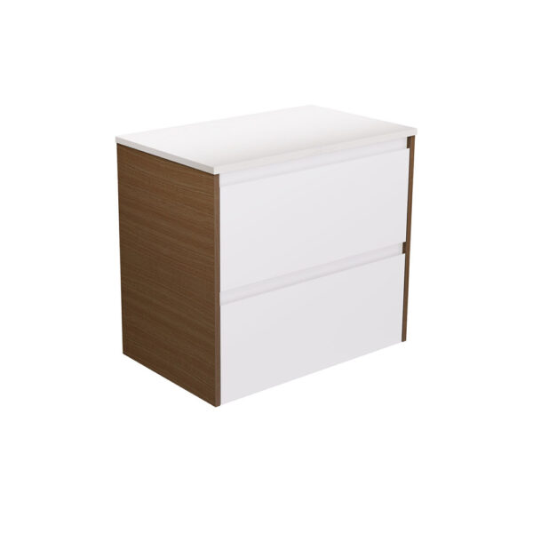 Amato Satin White 750 Wall Hung Cabinet, Walnut Panels