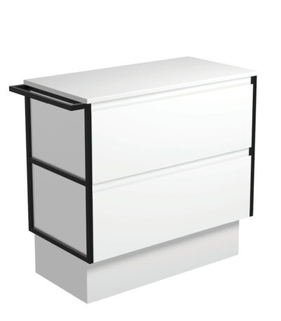 Amato Satin White 900 Cabinet on Kickboard, 1 Frame & 1 Towel Rail