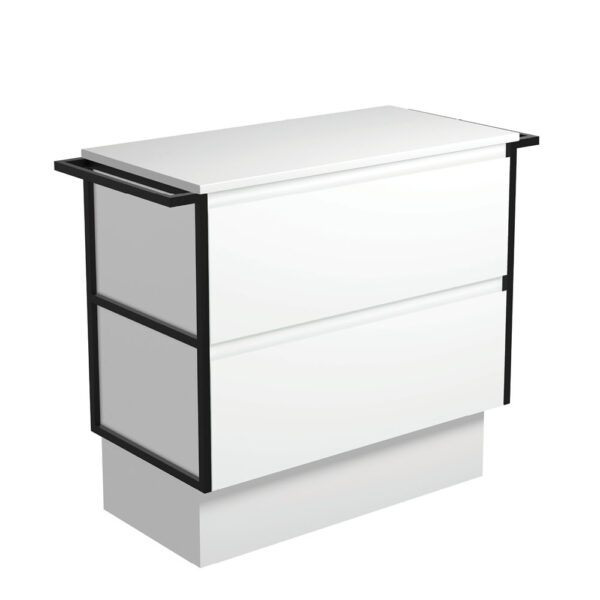 Amato Satin White 900 Cabinet on Kickboard, Matte Black Towel Rails