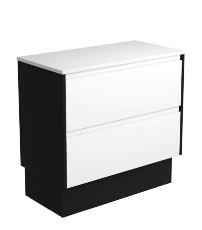 Amato Satin White 900 Cabinet on Kickboard, Satin Black Panels