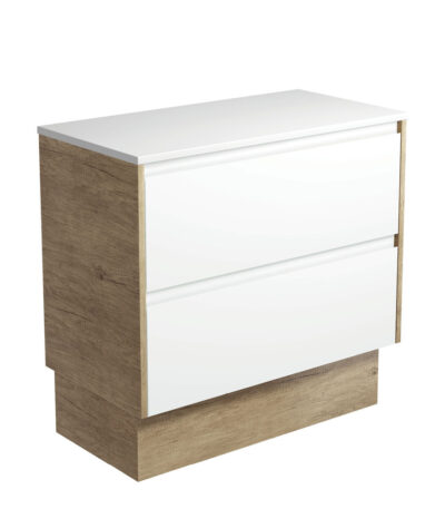 Amato Satin White 900 Cabinet on Kickboard, Scandi Oak Panels