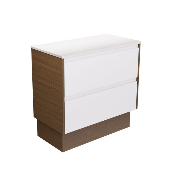 Amato Satin White 900 Cabinet on Kickboard, Walnut Panels