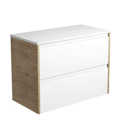 Amato Satin White 900 Wall-Hung Cabinet, Scandi Oak Panels