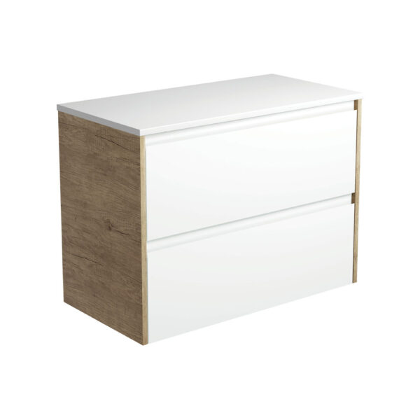 Amato Satin White 900 Wall-Hung Cabinet, Scandi Oak Panels