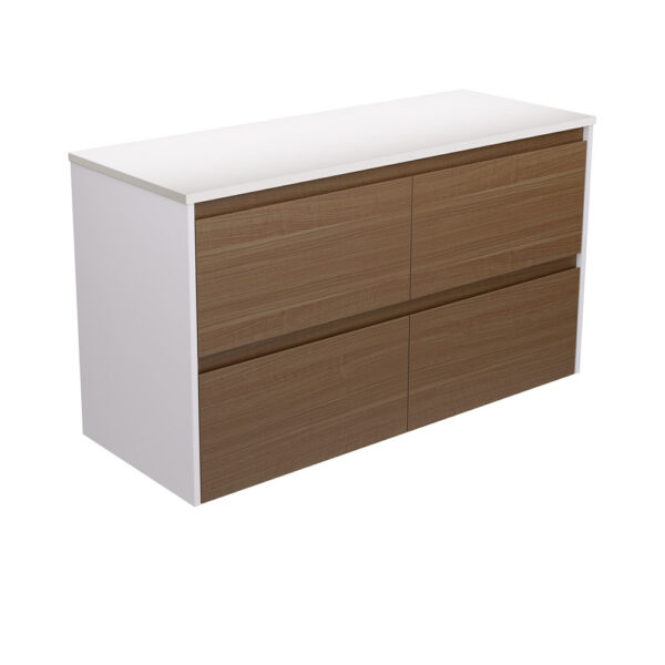 Amato Walnut 1200 Wall Hung Cabinet, Satin White Panels
