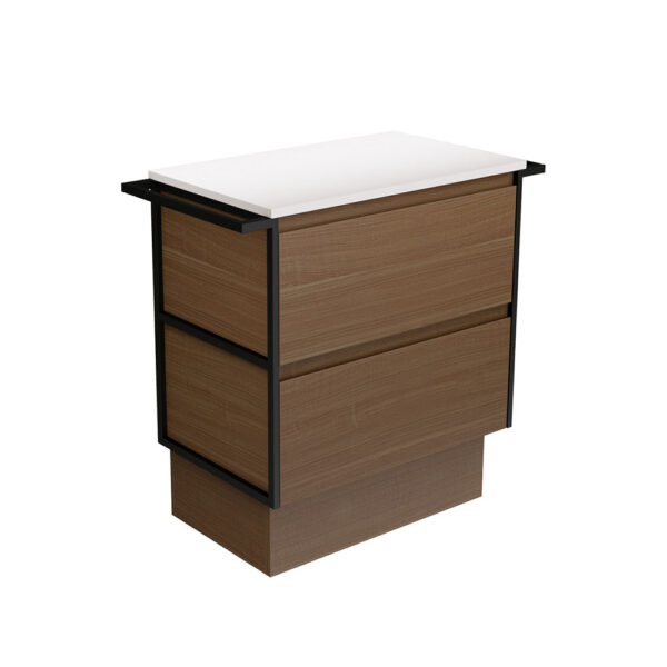 Amato Walnut 750 Cabinet on Kickboard, Matte Black Towel Rails