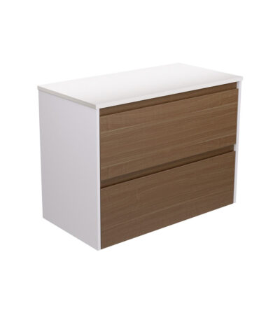 Amato Walnut 900 Wall Hung Cabinet, Satin White Panels