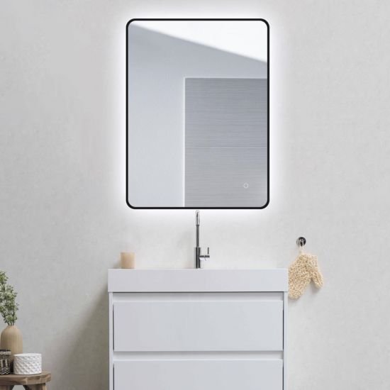 AQUAPERLA LM-BK-LDE81 810x610MM RECTANGLE ALUMINUM FRAMED CURVED RIM LED MIRROR 3 COLOR LIGHTING TOUCH SENSOR SWITCH WALL MOUNTED VERTICAL OR HORIZONTAL BLACK - Urban Designs...