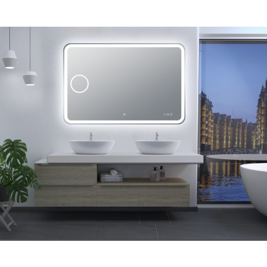 AQUAPERLA LM-LDT1280 CURVED RIM RECTANGLE LED MIRROR 1200x800MM 3 COLOR LIGHTING MAGNIFIER TOUCH SENSOR SWITCH DEFOGGER PAD WALL MOUNTED DIGITAL CLOCK WITH TEMPERATURE - Urban...