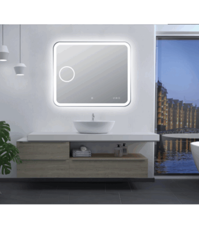 AQUAPERLA LM-LDT9075 CURVED RIM RECTANGLE LED MIRROR 900x750MM 3 COLOR LIGHTING MAGNIFIER TOUCH SENSOR SWITCH DEFOGGER PAD WALL MOUNTED DIGITAL CLOCK WITH TEMPERATURE - Urban...