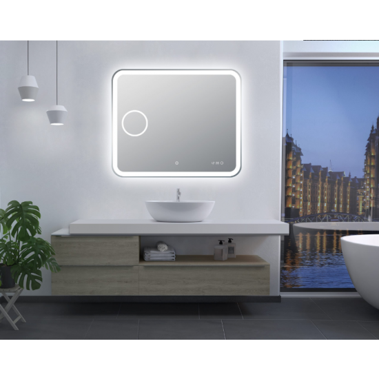 AQUAPERLA LM-LDT9075 CURVED RIM RECTANGLE LED MIRROR 900x750MM 3 COLOR LIGHTING MAGNIFIER TOUCH SENSOR SWITCH DEFOGGER PAD WALL MOUNTED DIGITAL CLOCK WITH TEMPERATURE - Urban...