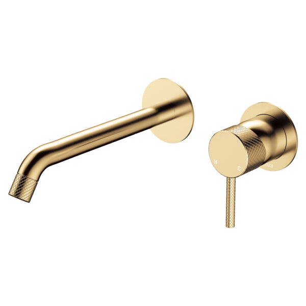 Axle Wall Basin/Bath Mixer Set, Round Plates, 200mm Outlet, Urban Brass