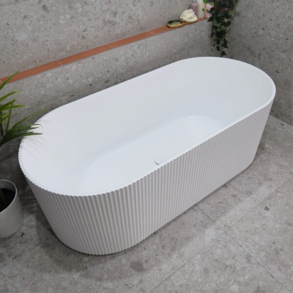 Bari Groove Fluted Oval Freestanding Back to Wall Bathtub - Matt White - No Overflow - 1500mm | SB782-1500MW