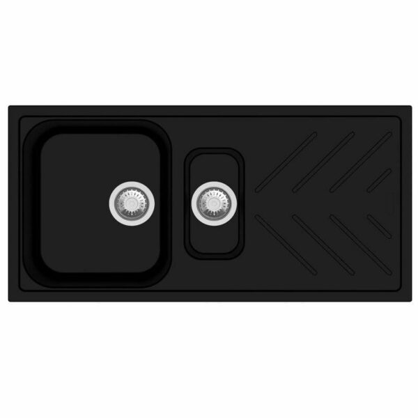 Black Granite Quartz Stone 1 and 1/4 Kitchen Sink Double Bowls Drainboard Topmount - 1000x500mm | TWM-NBD150