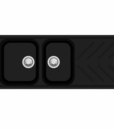 Black Granite Quartz Stone 1 and 3/4 Kitchen Sink Double Bowls Drainboard - 1160x500x200mm | TWM-NBD200