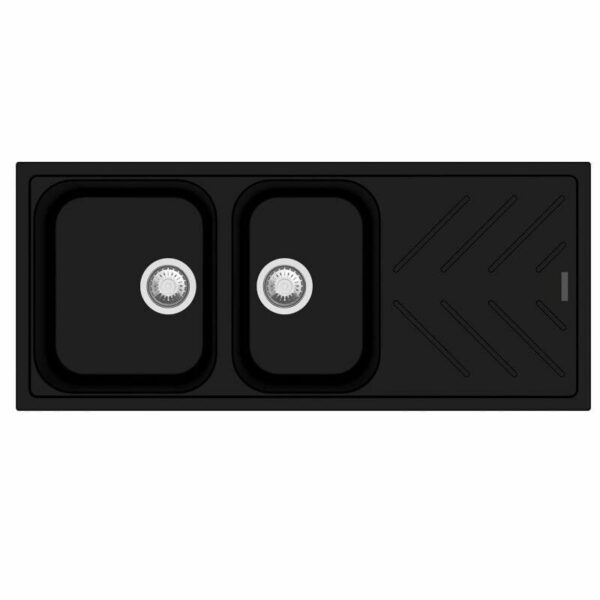 Black Granite Quartz Stone 1 and 3/4 Kitchen Sink Double Bowls Drainboard - 1160x500x200mm | TWM-NBD200