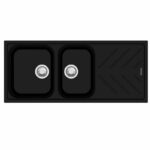 Black Granite Quartz Stone 1 and 3/4 Kitchen Sink Double Bowls Drainboard - 1160x500x200mm | TWM-NBD200