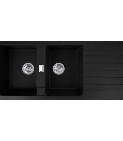 Black Granite Quartz Stone Kitchen Sink Double Bowls Drainboard Top/Undermount - 1160x500x200mm | OX1150.KS